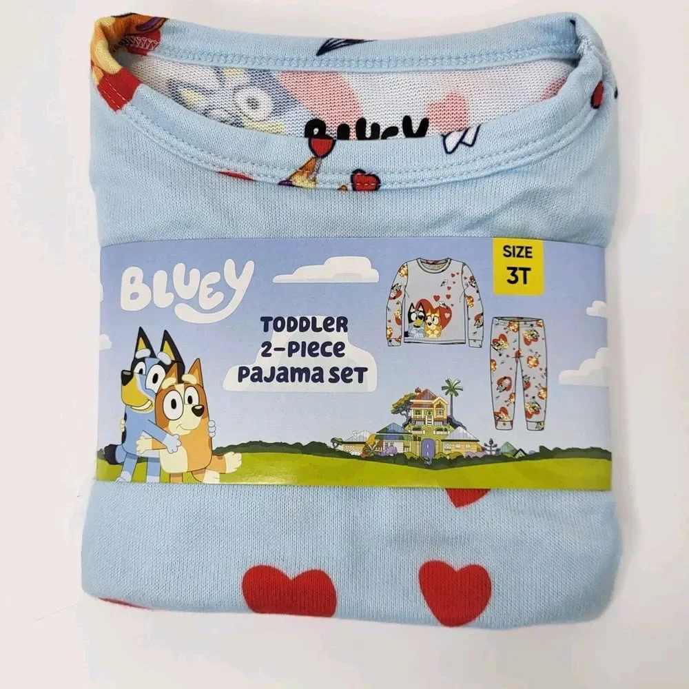 New Bluey 3T Toddler Unisex Valentine Hearts 2-Piece Pajama Set Blue Long Sleeve